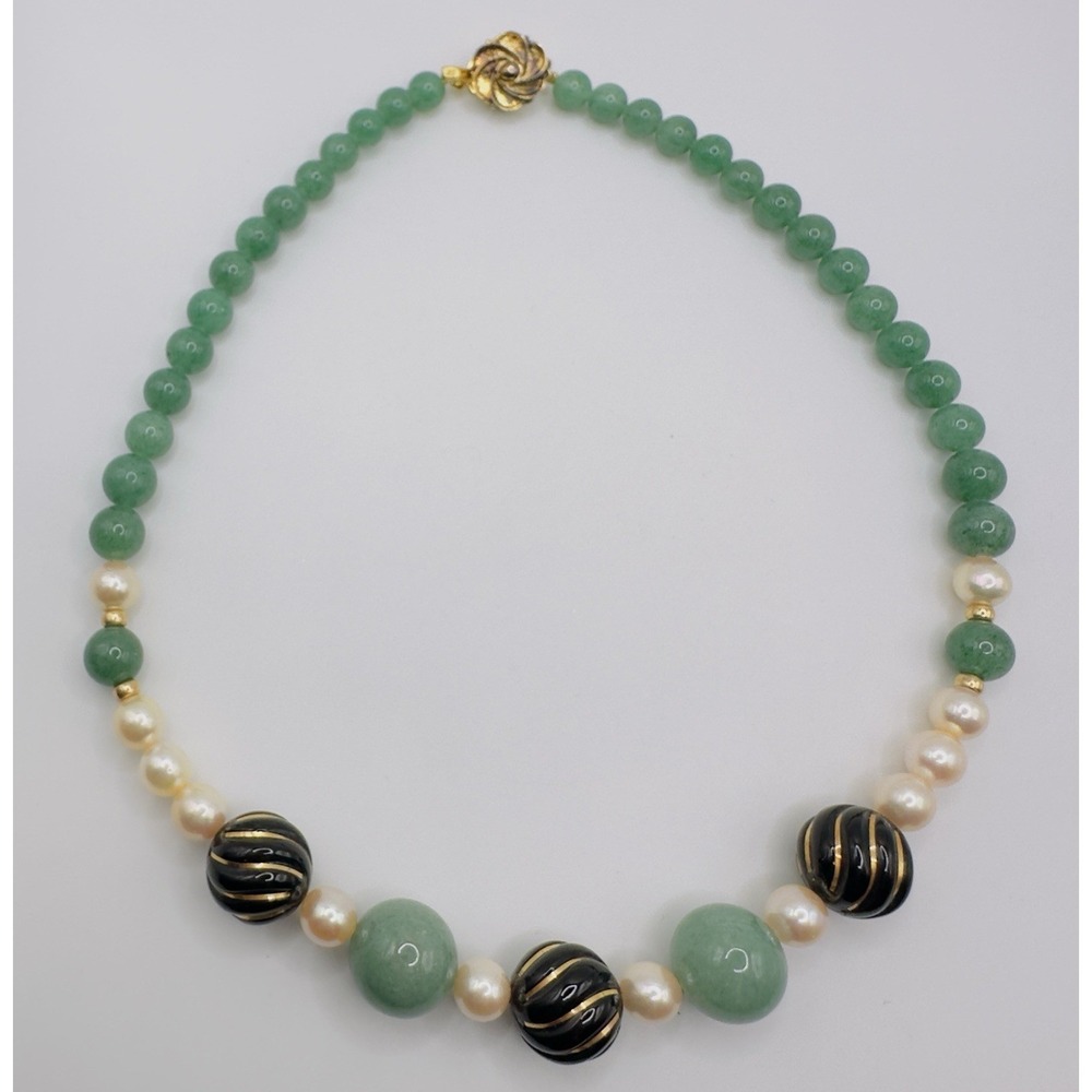 Artisan Gemstone & Pearl Necklace Black Gold Swirl Bead Statement Necklace 18" - Picture 5 of 13